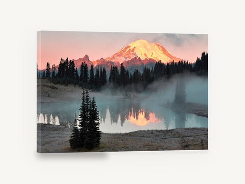Alpenglow Over Still Lake, alpenglow mountain lake reflection photograph, landscape canvas wall art print ready to hang