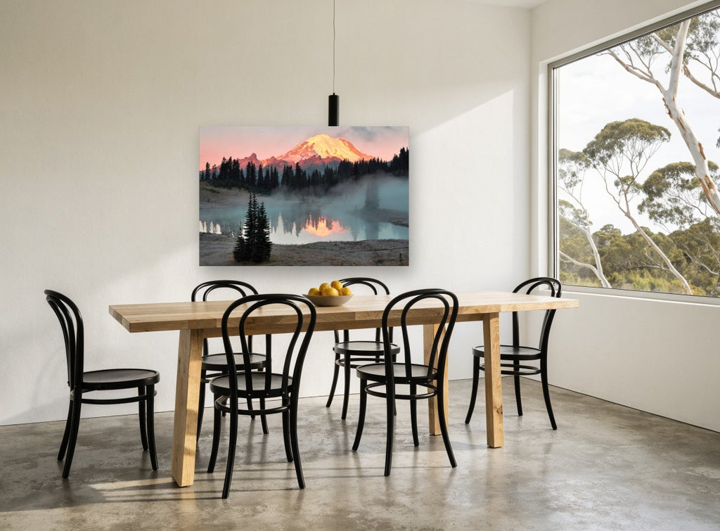 Alpenglow Over Still Lake landscape canvas print on the wall of a dining room