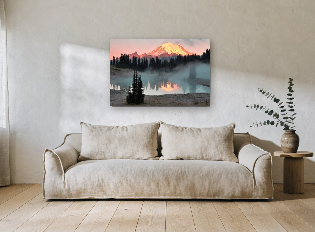 Alpenglow Over Still Lake landscape canvas print on the wall of a living room