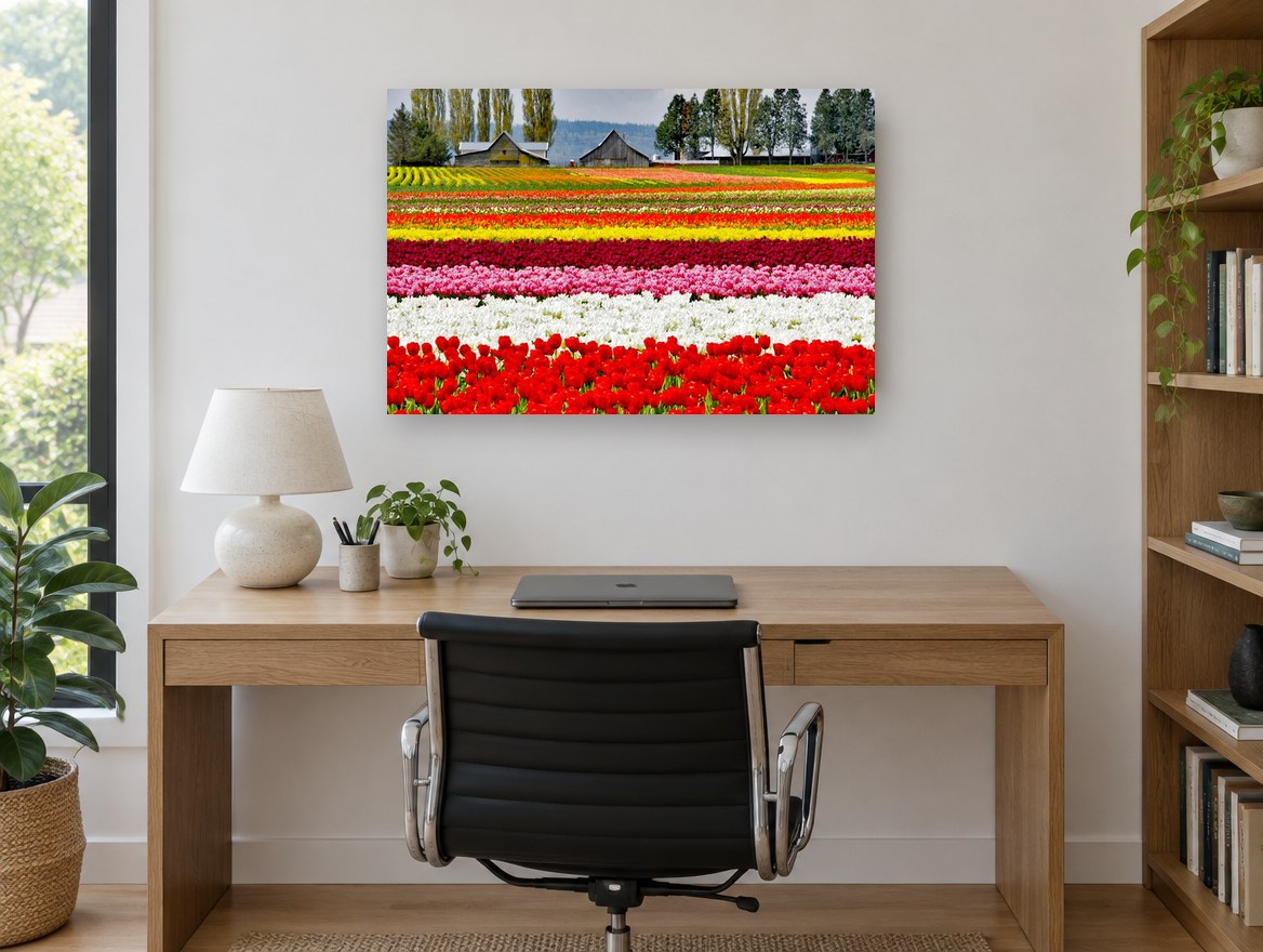 Striped Tulip Fields landscape canvas print on the wall of a study