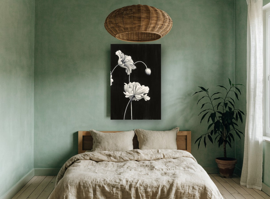 Ruffled Poppies at Night floral canvas print on the wall of a bedroom