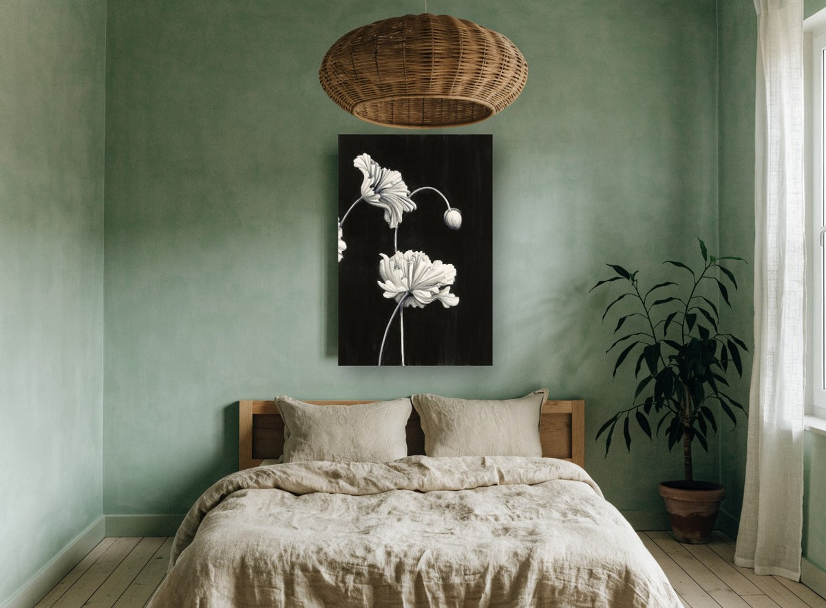 Ruffled Poppies at Night floral canvas print on the wall of a bedroom