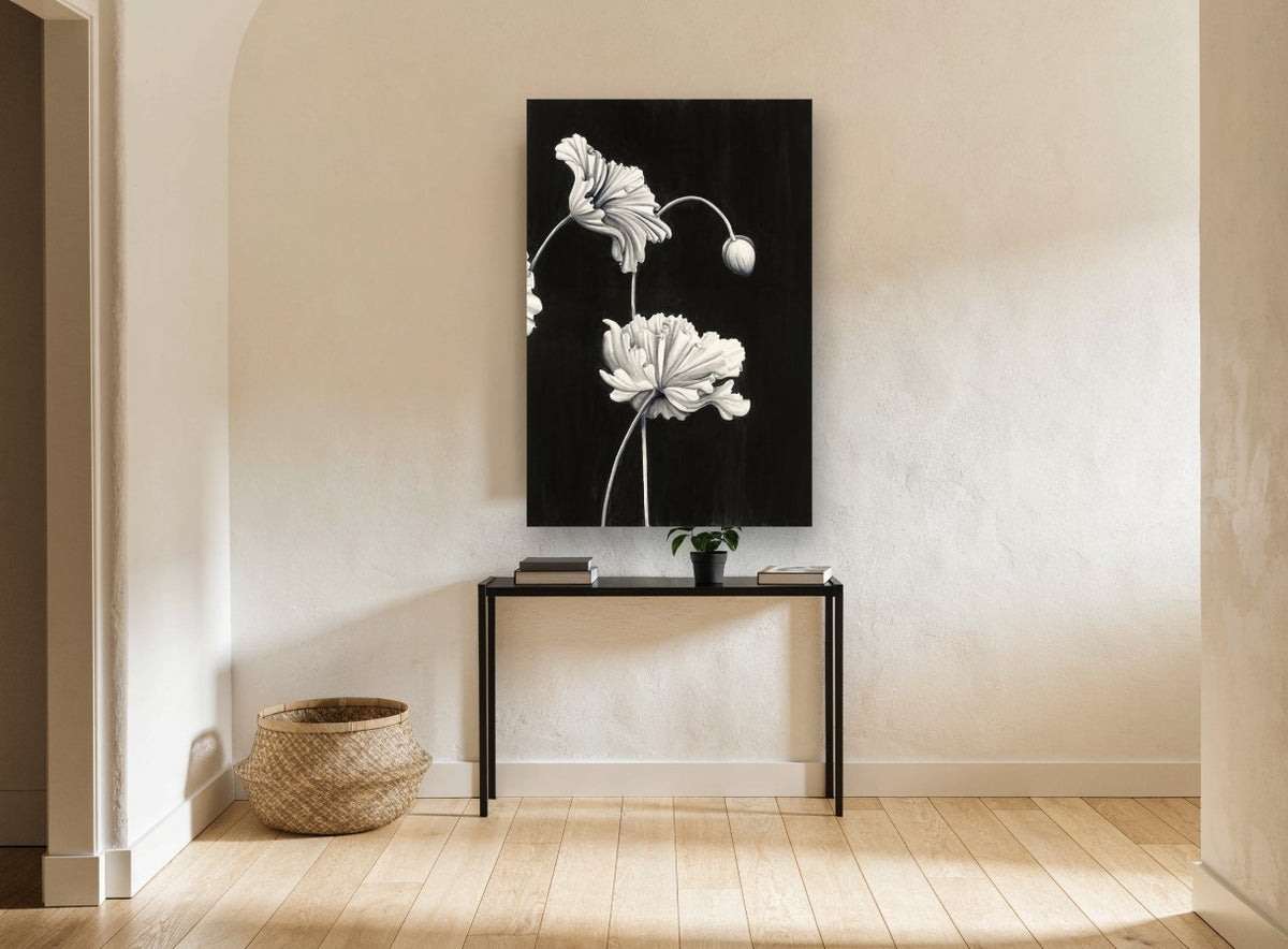 Ruffled Poppies at Night floral canvas print on the wall of a hallway