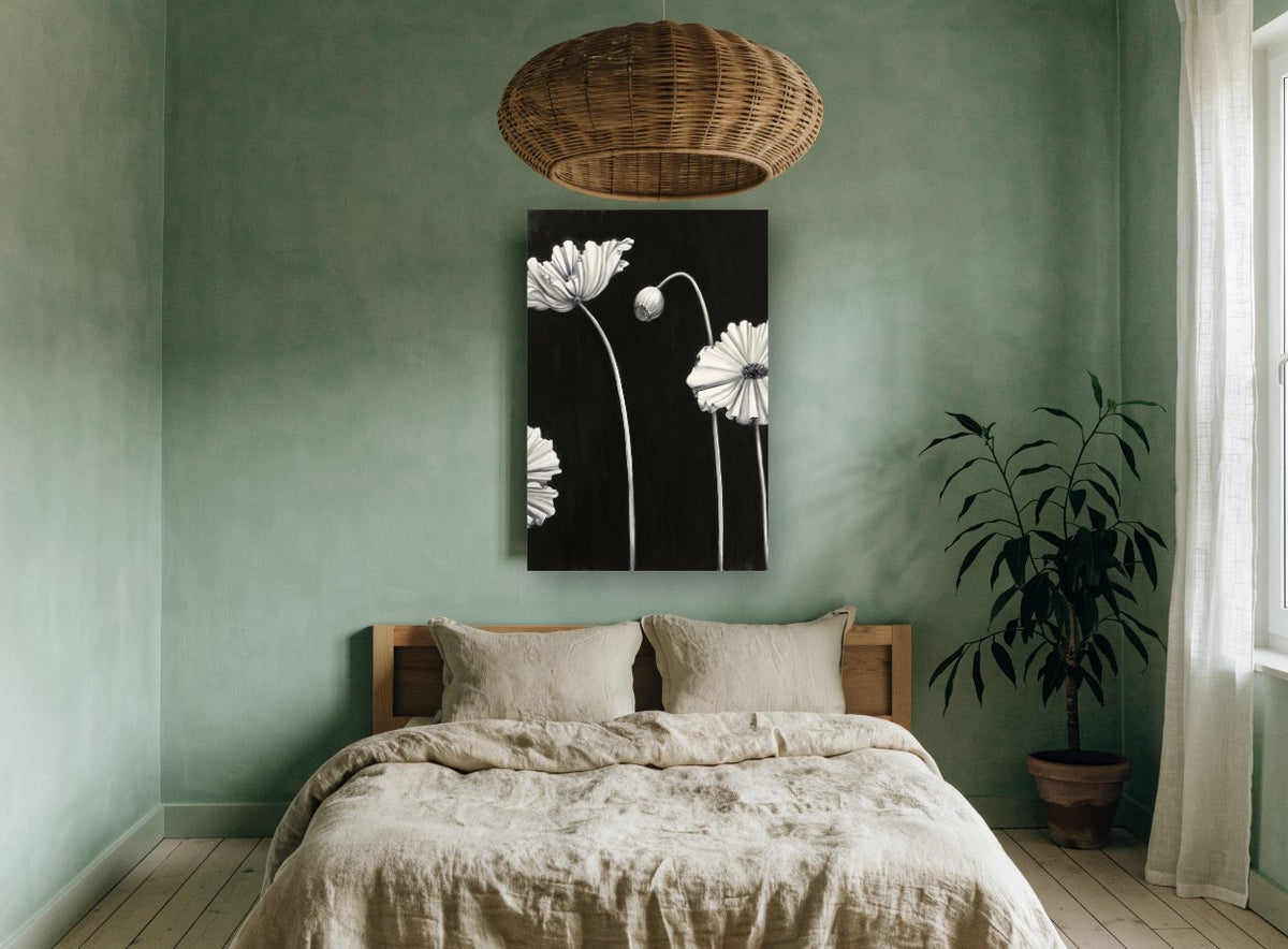 Pale Poppies at Night floral canvas print on the wall of a bedroom