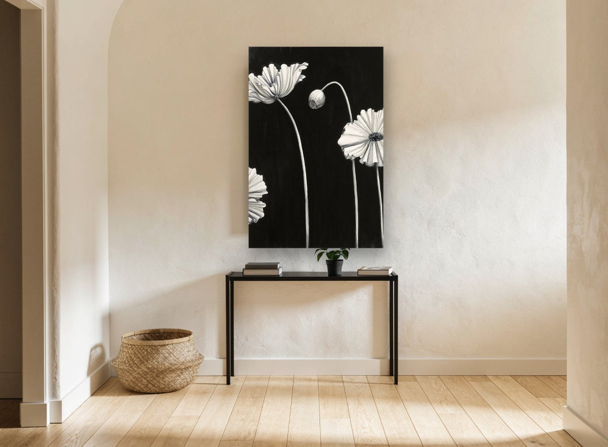 Pale Poppies at Night floral canvas print on the wall of a hallway