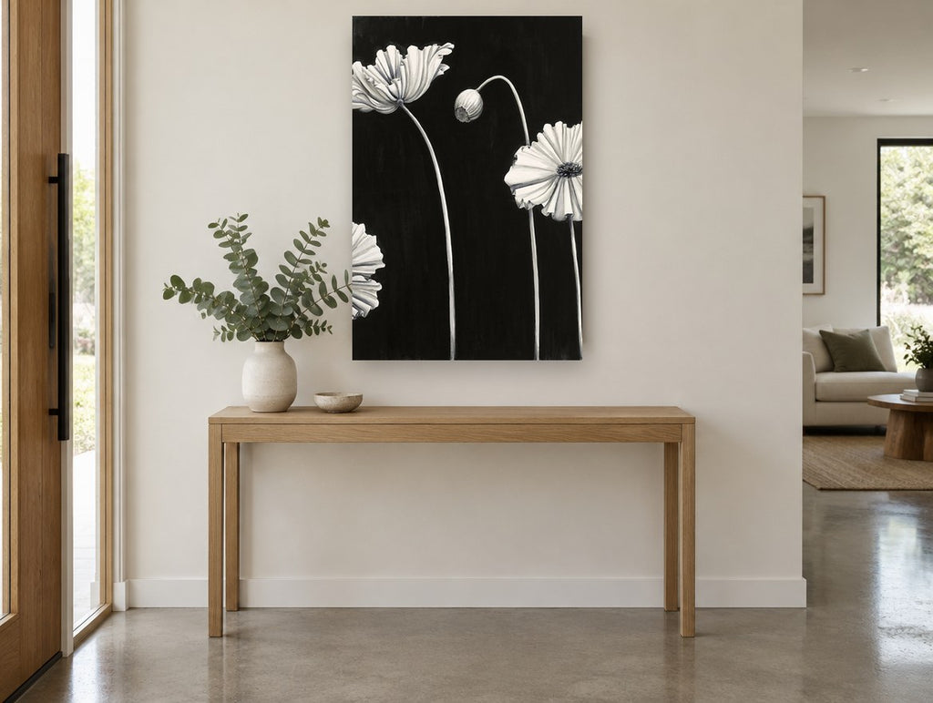 Pale Poppies at Night floral canvas print on the wall of a entry hall