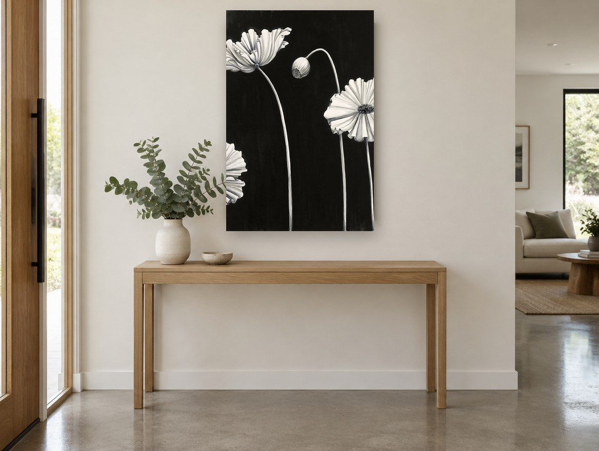 Pale Poppies at Night floral canvas print on the wall of a entry hall
