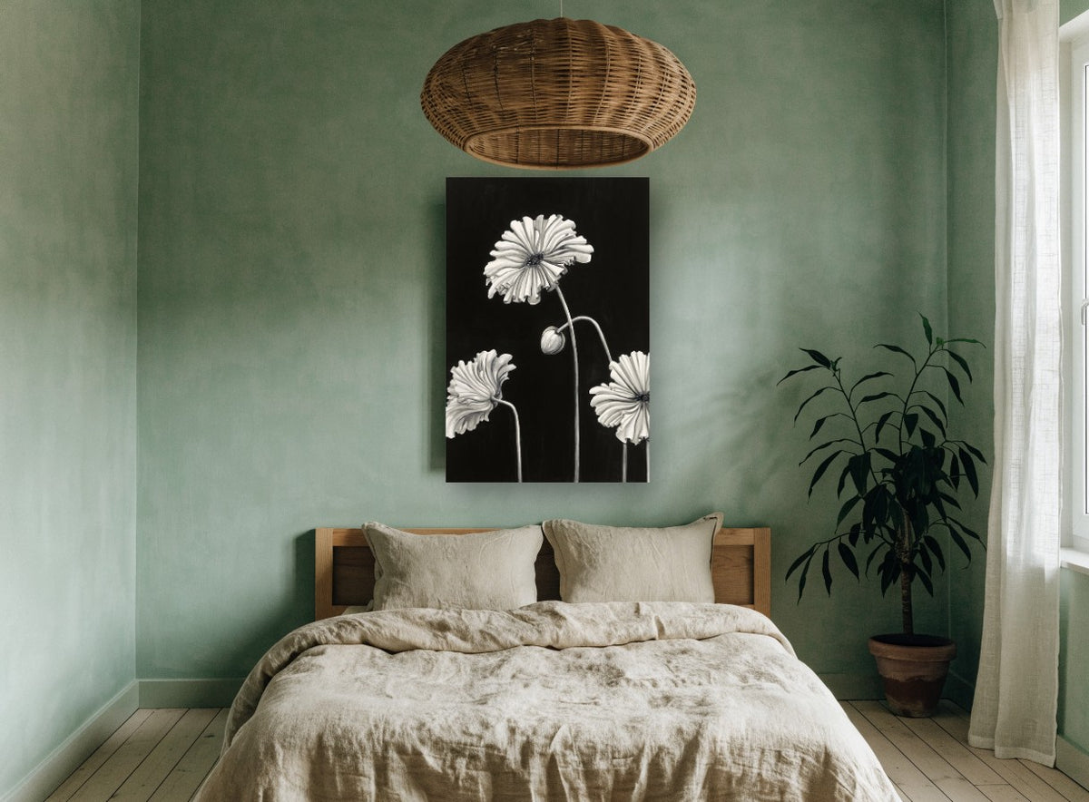 Ruffled Poppies at Night floral canvas print on the wall of a bedroom