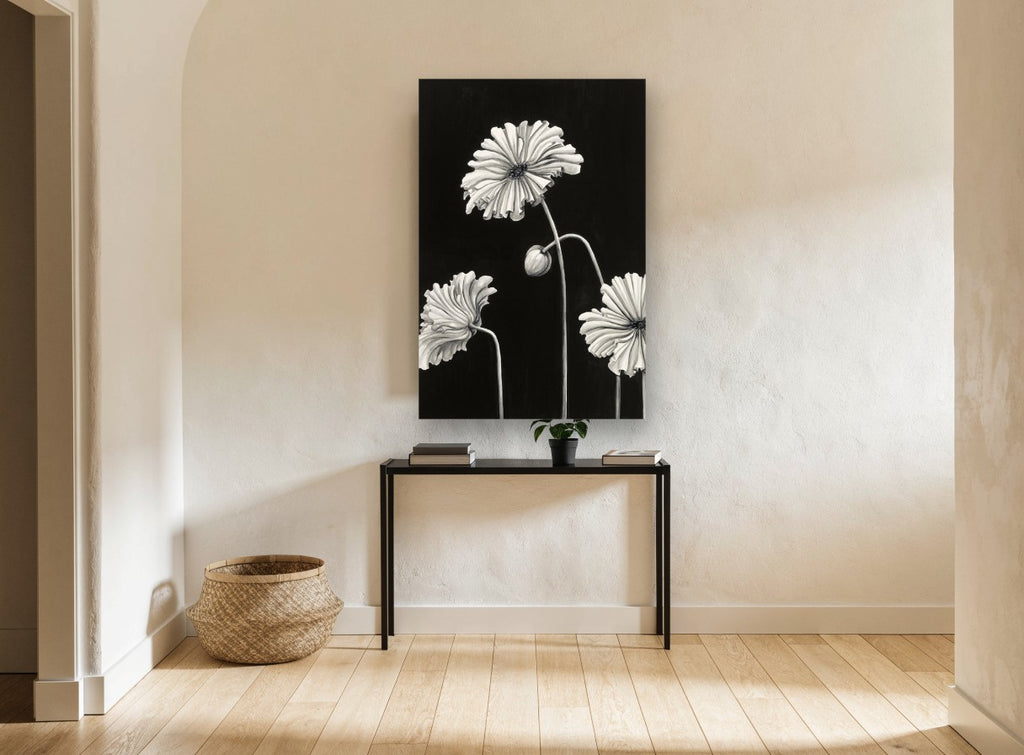 Ruffled Poppies at Night floral canvas print on the wall of a hallway