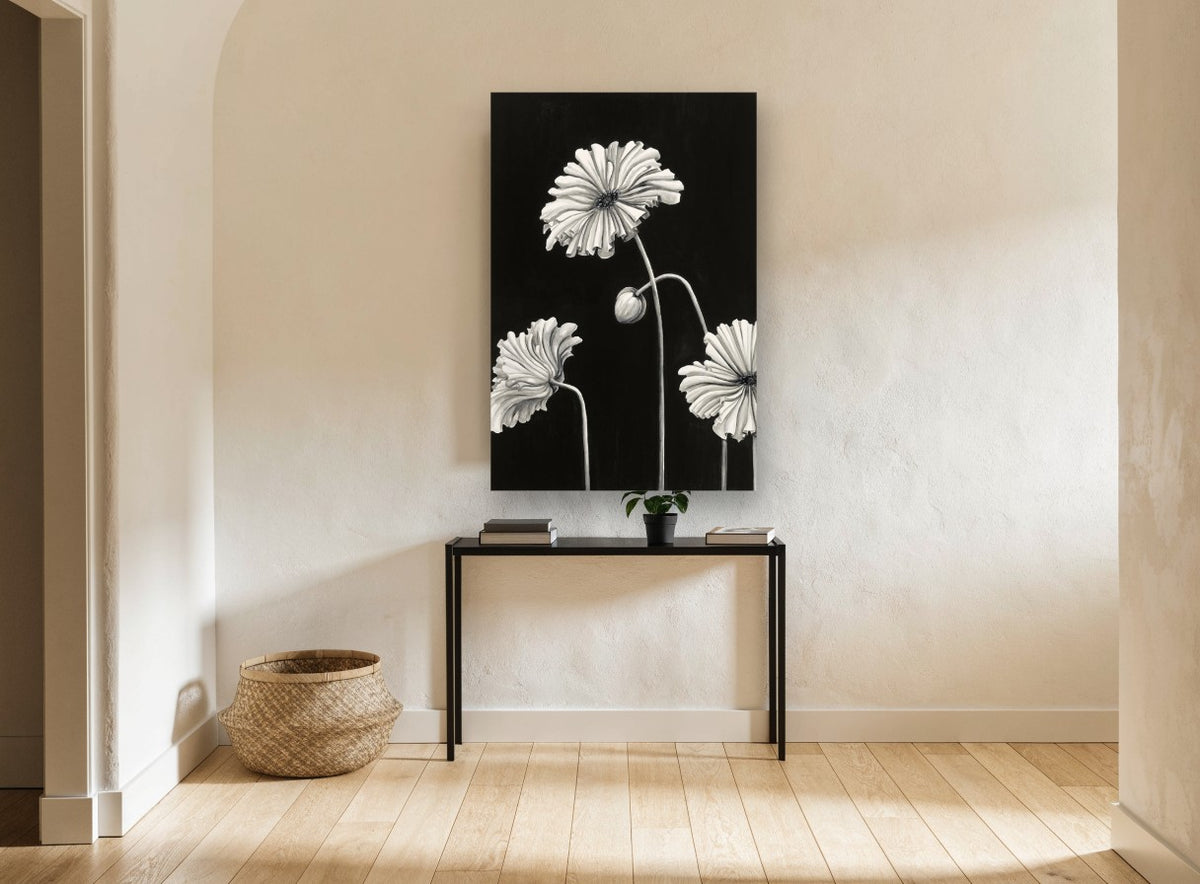 Ruffled Poppies at Night floral canvas print on the wall of a hallway