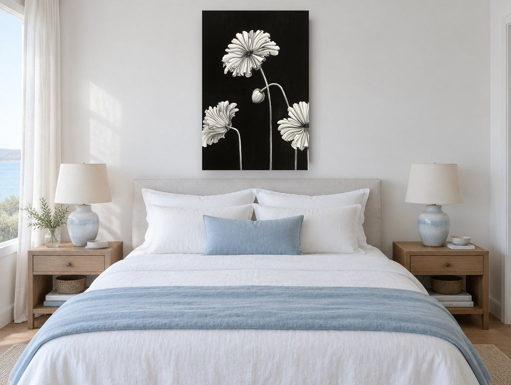 Ruffled Poppies at Night floral canvas print on the wall of a coastal bedroom