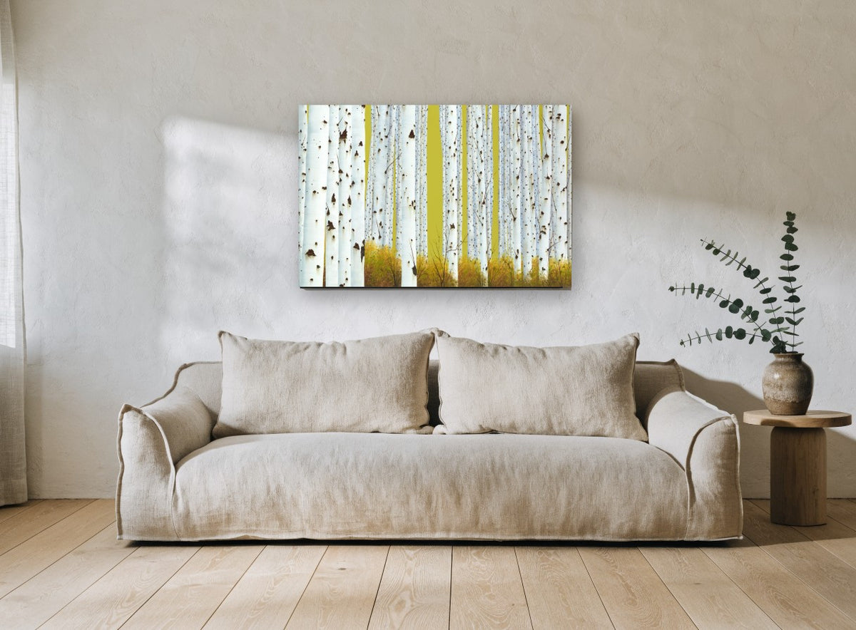 Aspen Grove Chartreuse landscape canvas print on the wall of a living room