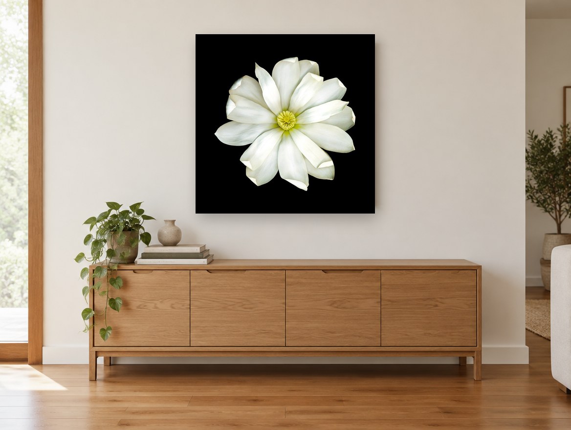 White Magnolia on Black floral canvas print on the wall of a living room above a sideboard