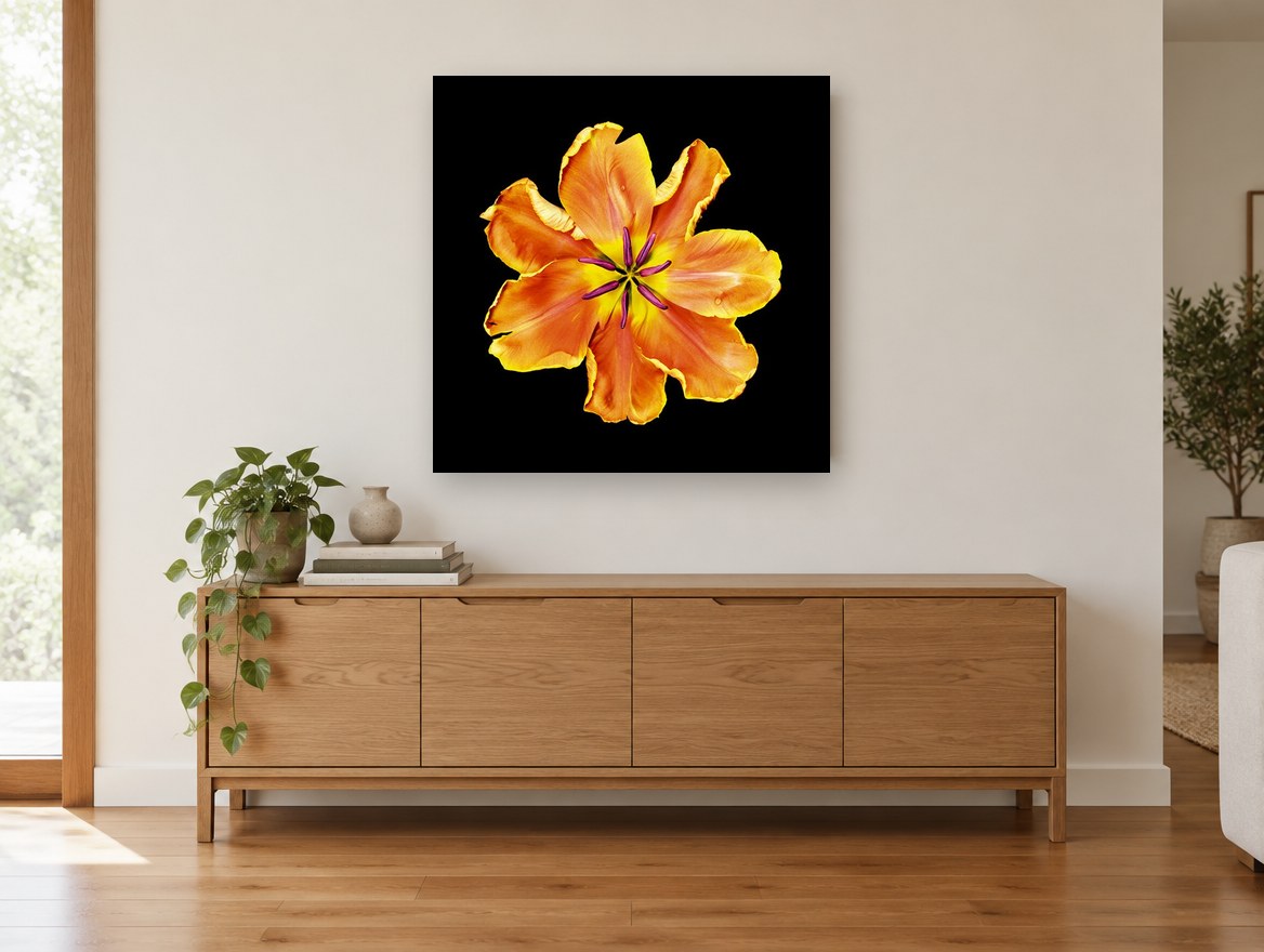 Apricot Tulip Burst floral canvas print on the wall of a living room above a sideboard