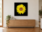 Sunflower on Black floral canvas print on the wall of a living room above a sideboard