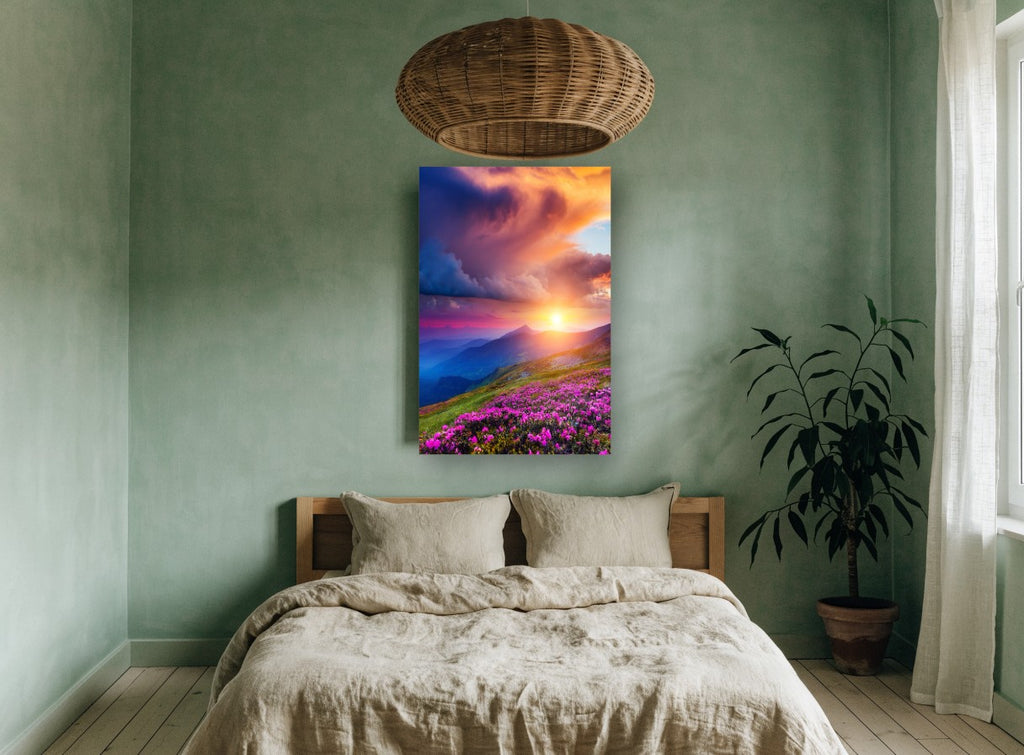 Rhododendron Ridge Sunset floral canvas print on the wall of a bedroom