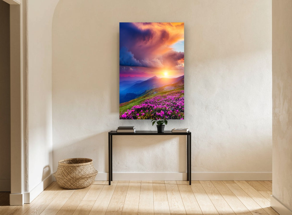 Rhododendron Ridge Sunset floral canvas print on the wall of a hallway