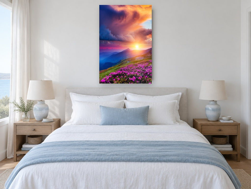 Rhododendron Ridge Sunset floral canvas print on the wall of a coastal bedroom