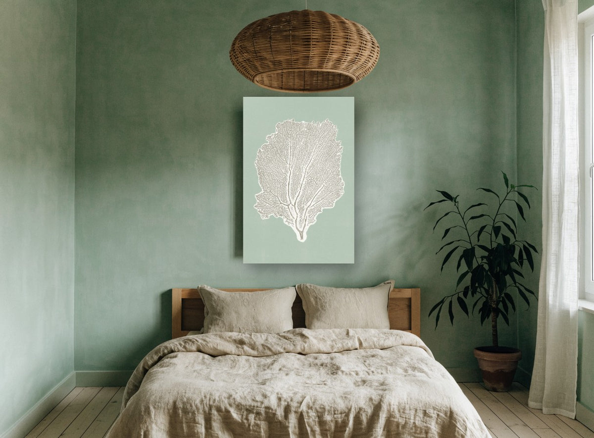 Sage Sea Fan coastal canvas print on the wall of a bedroom