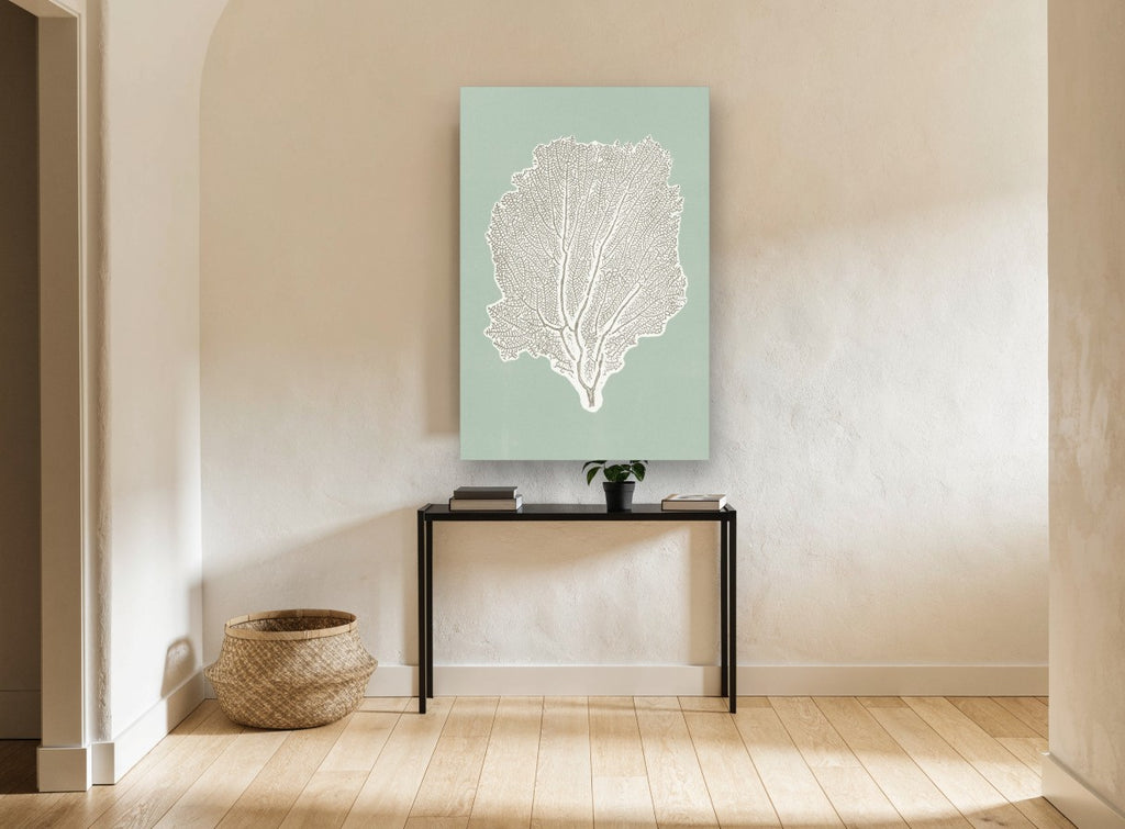 Sage Sea Fan coastal canvas print on the wall of a hallway