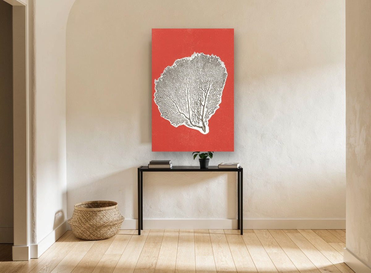 Red Sea Fan Silhouette coastal canvas print on the wall of a hallway