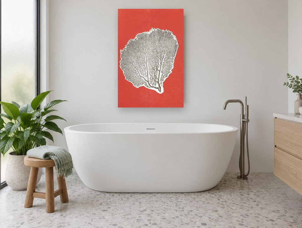 Red Sea Fan Silhouette coastal canvas print on the wall of a bathroom