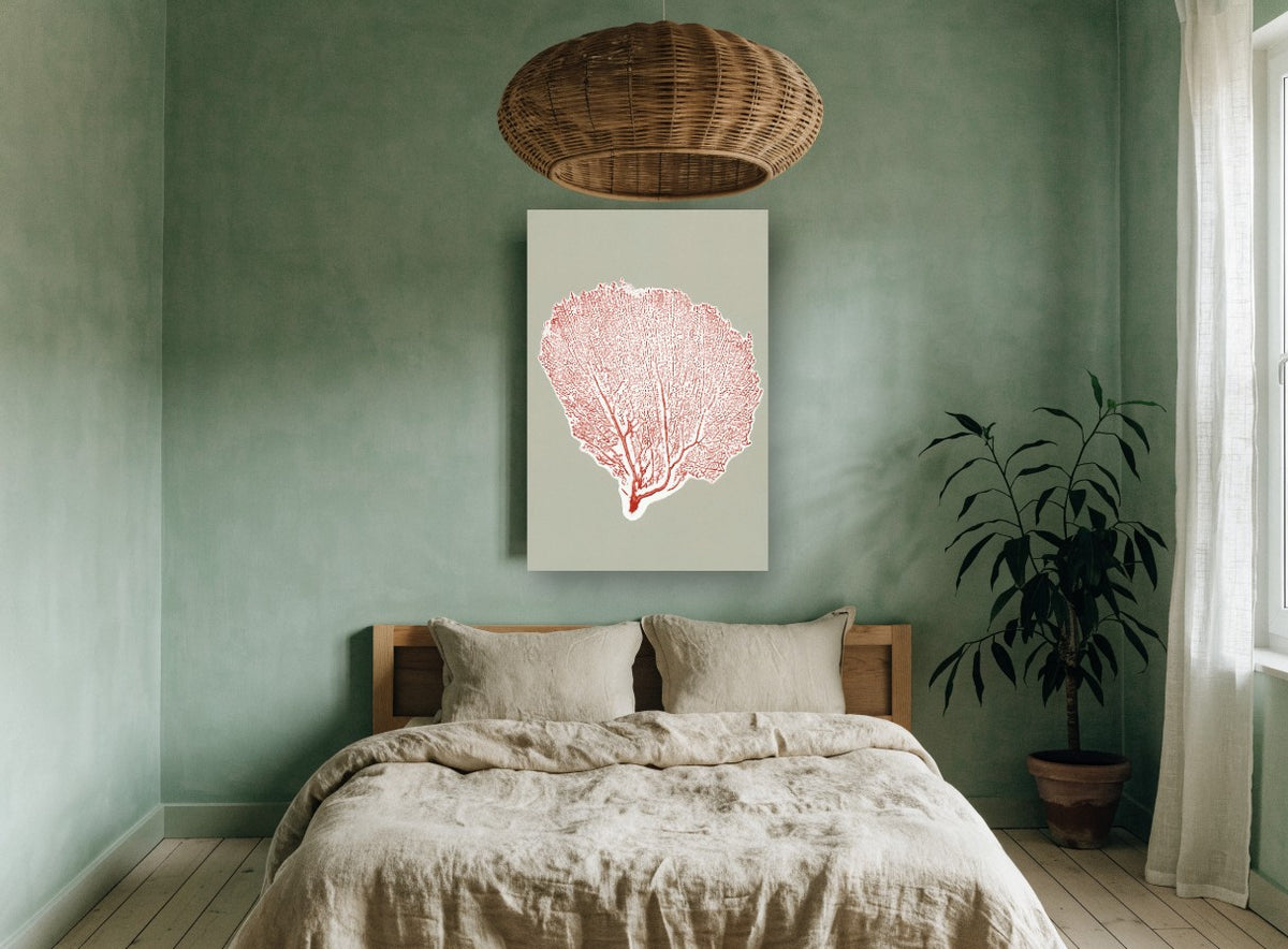 Red Sea Fan Silhouette coastal canvas print on the wall of a bedroom