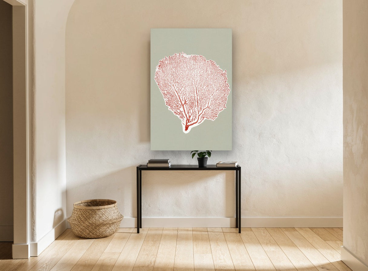 Red Sea Fan Silhouette coastal canvas print on the wall of a hallway