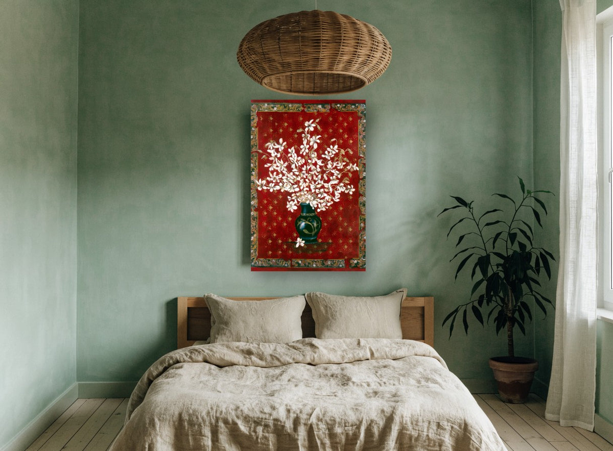White Orchids on Crimson floral canvas print on the wall of a bedroom