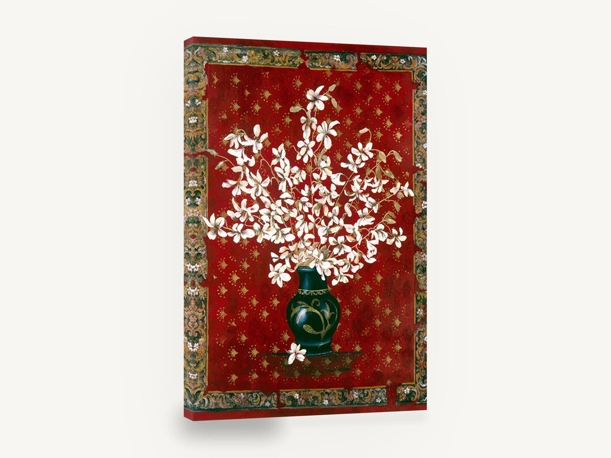 White Orchids on Crimson, white orchid vase red floral, floral canvas wall art print ready to hang