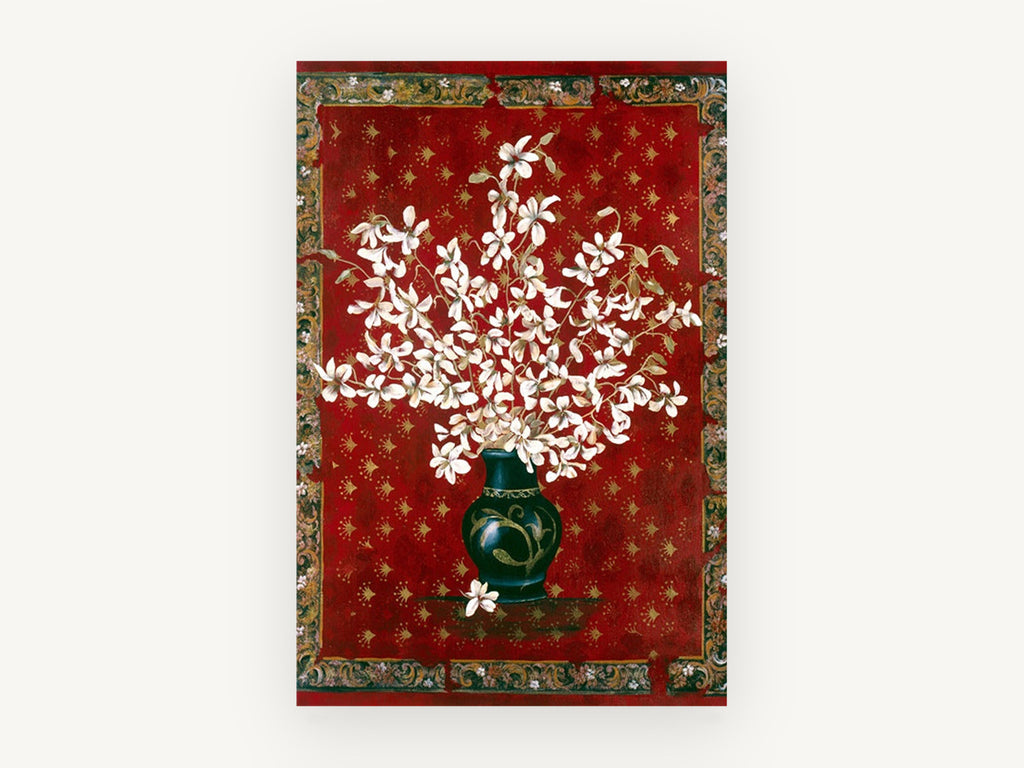 White Orchids on Crimson, floral canvas wall art print, front view
