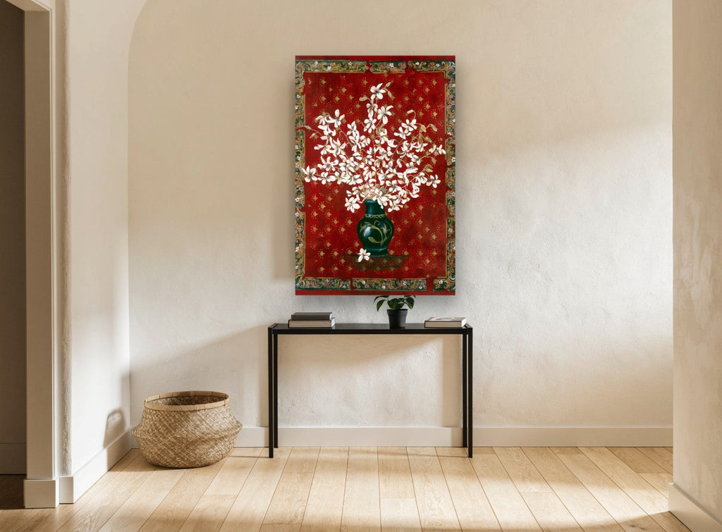White Orchids on Crimson floral canvas print on the wall of a hallway