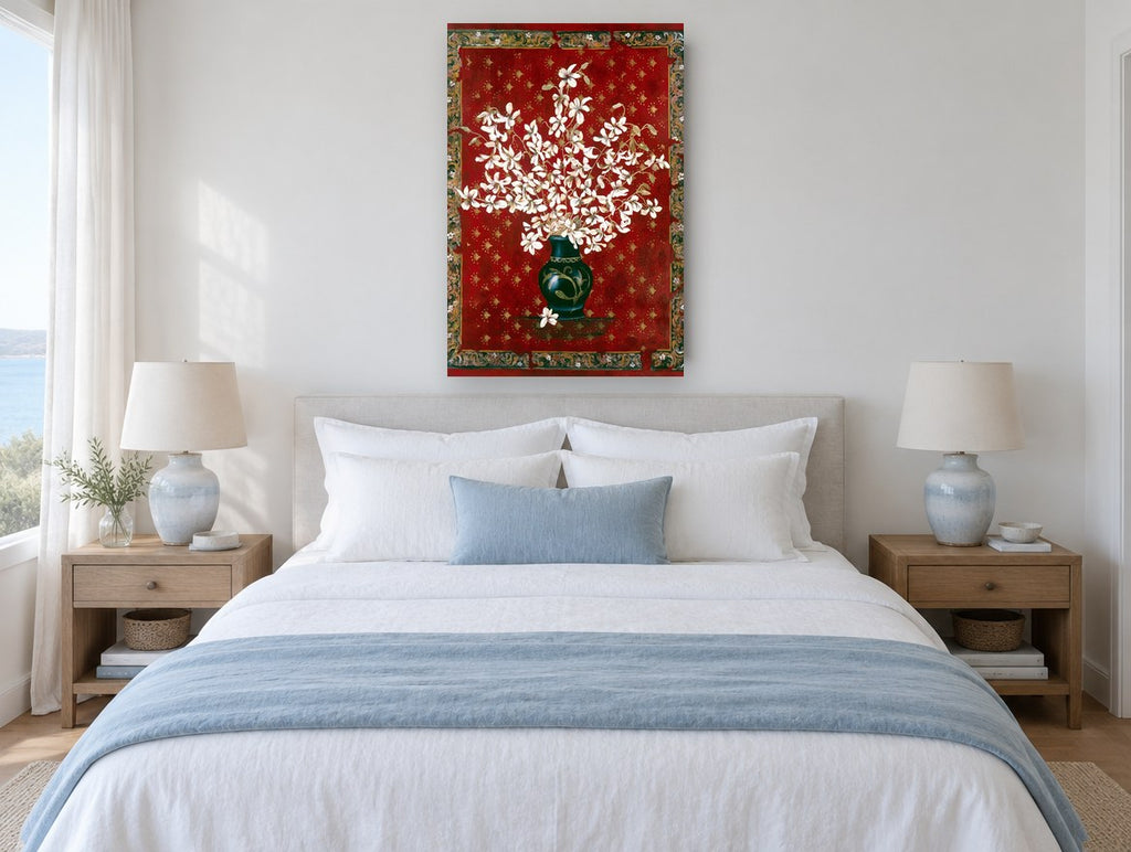 White Orchids on Crimson floral canvas print on the wall of a coastal bedroom