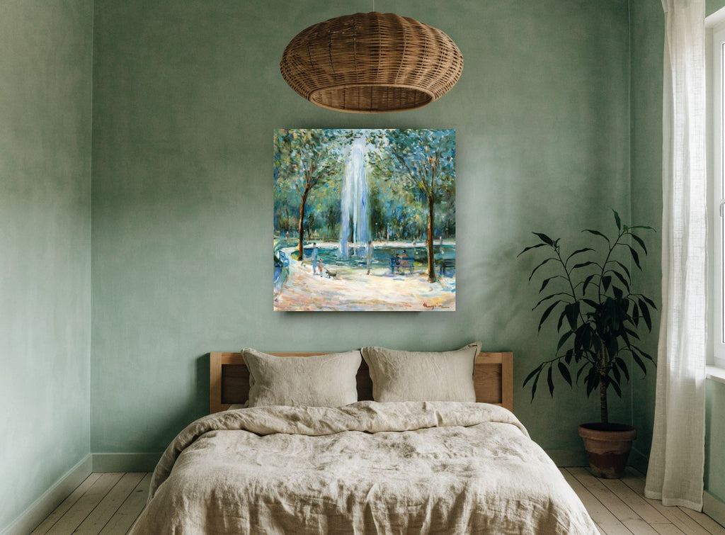 Fountain in the Park landscape canvas print on the wall of a bedroom