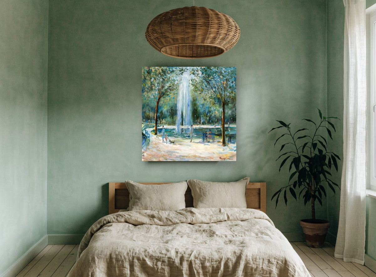 Fountain in the Park landscape canvas print on the wall of a bedroom