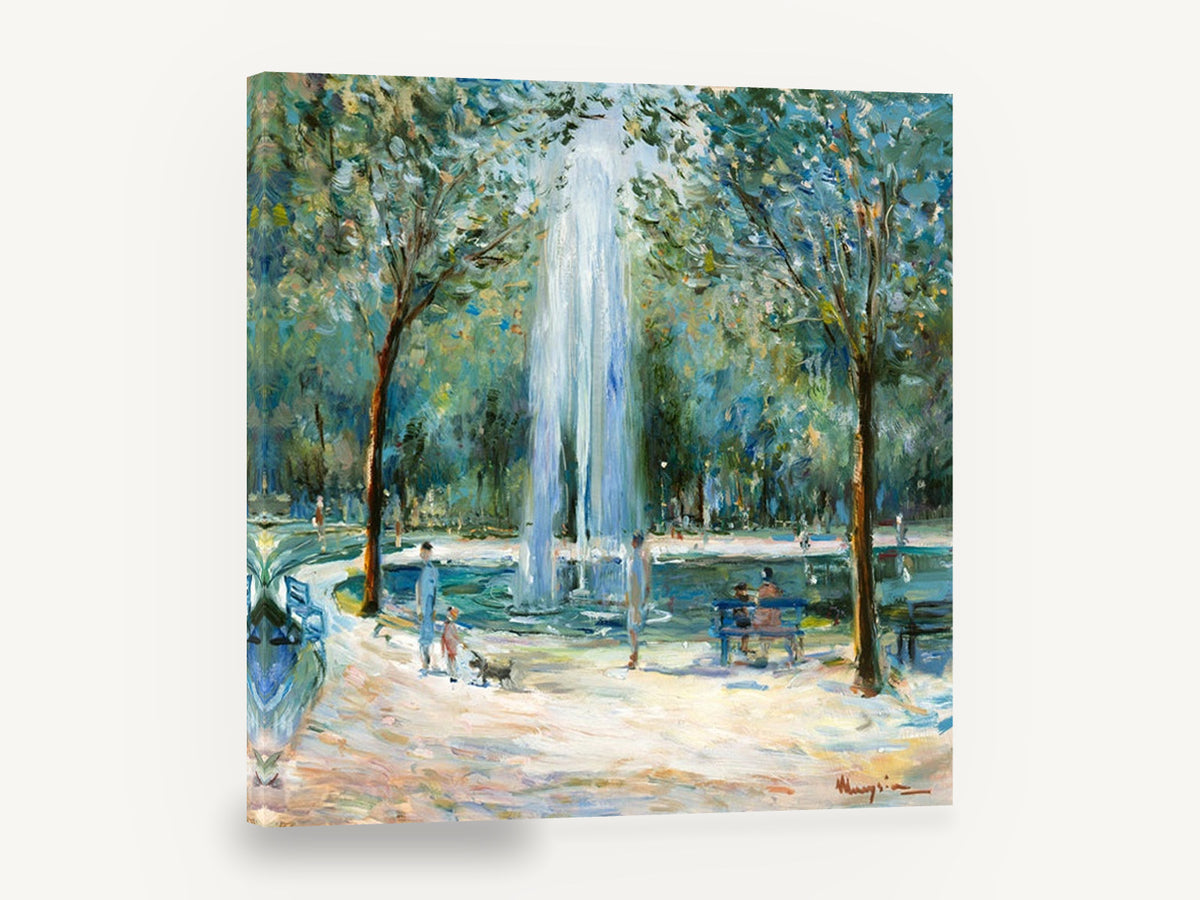 Fountain in the Park, park fountain impressionist scene, landscape canvas wall art print ready to hang