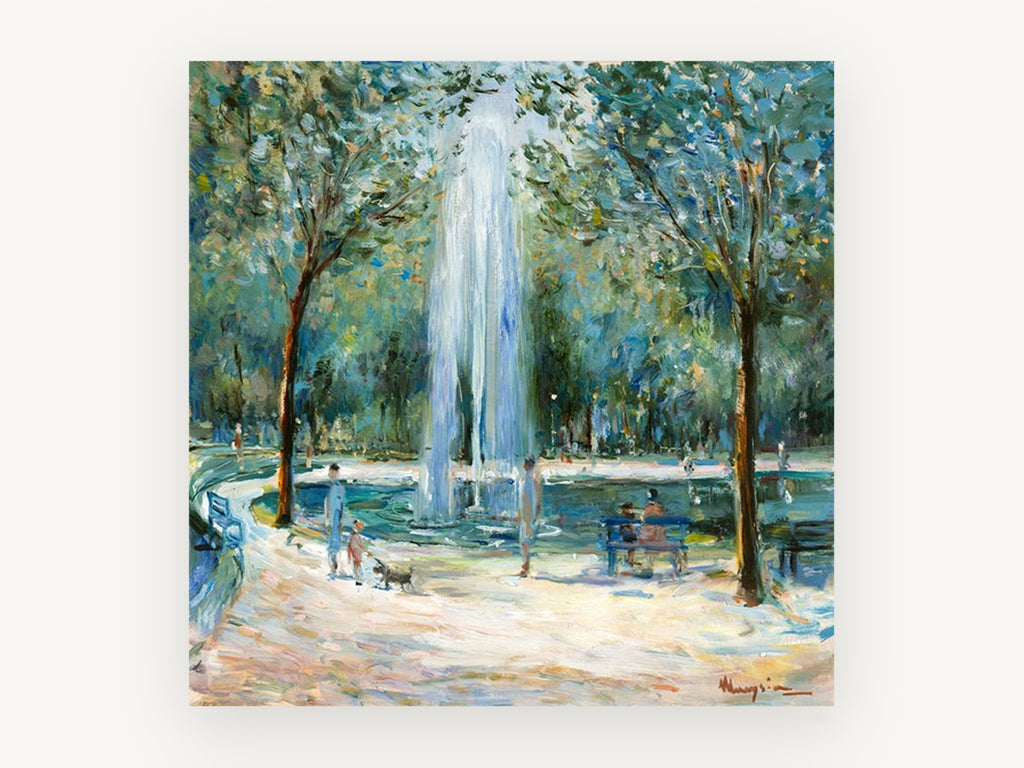 Fountain in the Park, park fountain impressionist scene, landscape canvas wall art print, front view