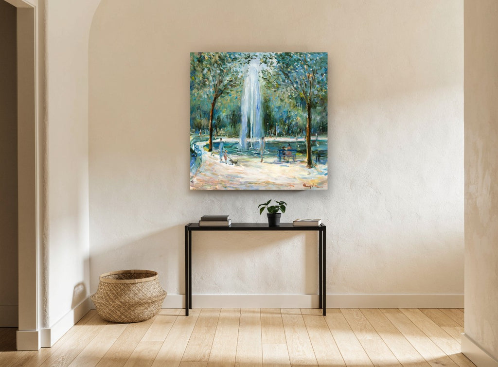 Fountain in the Park landscape canvas print on the wall of a hallway