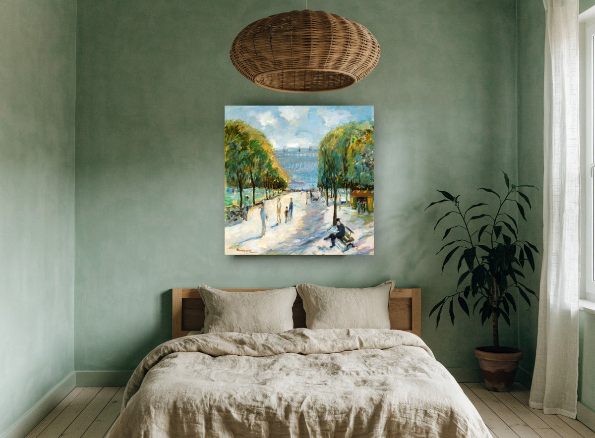 Sunlit Promenade Bench landscape canvas print on the wall of a bedroom