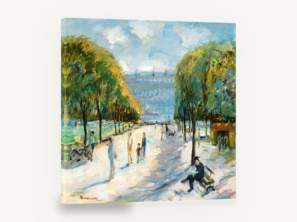 Sunlit Promenade Bench, tree lined park promenade impressionist scene, landscape canvas wall art print ready to hang