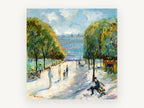 Sunlit Promenade Bench, tree lined park promenade impressionist scene, landscape canvas wall art print, front view