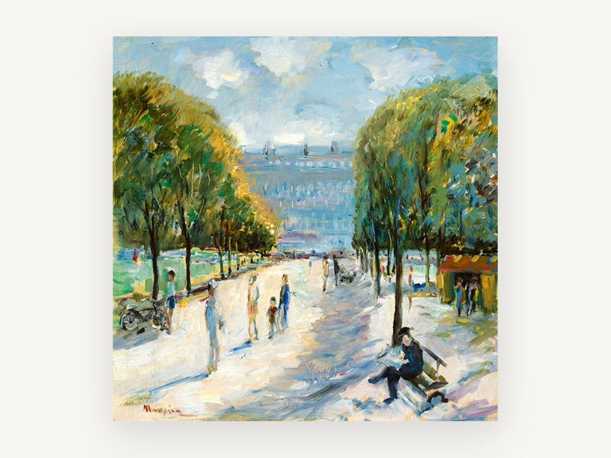 Sunlit Promenade Bench, tree lined park promenade impressionist scene, landscape canvas wall art print, front view