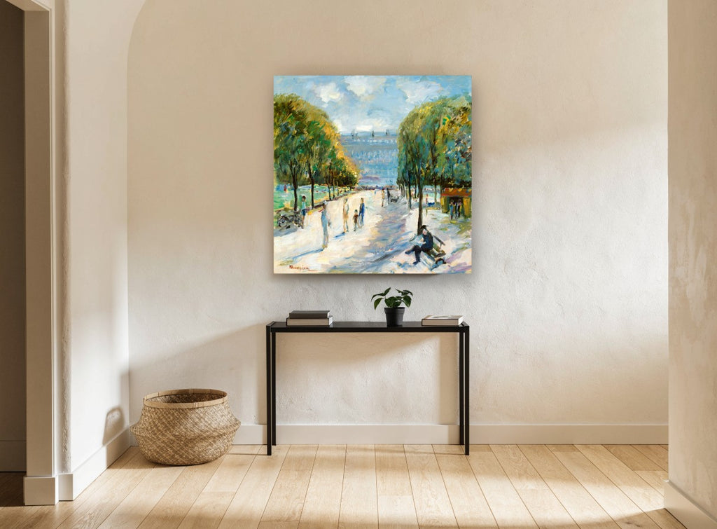 Sunlit Promenade Bench landscape canvas print on the wall of a hallway