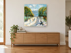 Sunlit Promenade Bench landscape canvas print on the wall of a living room above a sideboard
