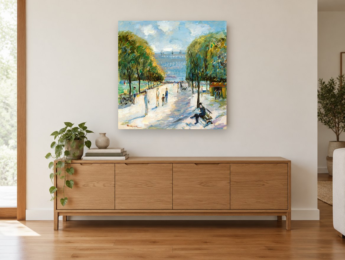 Sunlit Promenade Bench landscape canvas print on the wall of a living room above a sideboard