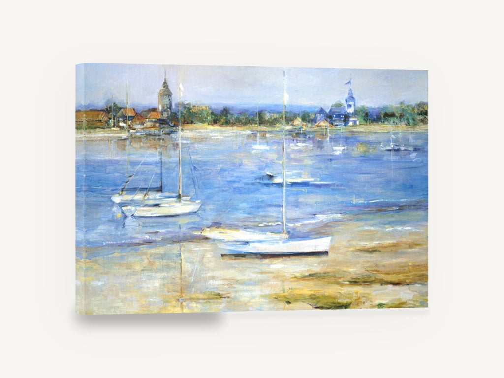 Low Tide Moorings, sailboats at low tide impressionist seascape, coastal canvas wall art print ready to hang