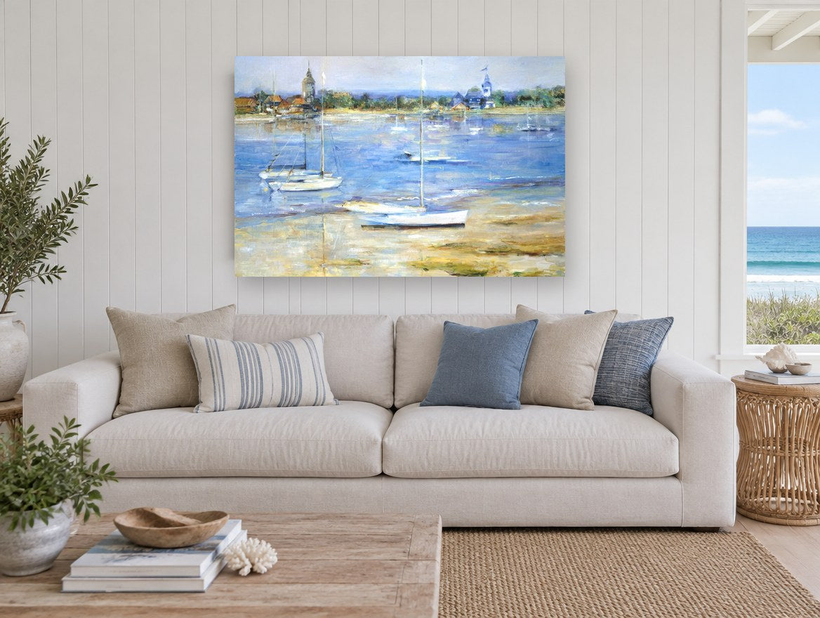 Low Tide Moorings coastal canvas print on the wall of a beach house living room