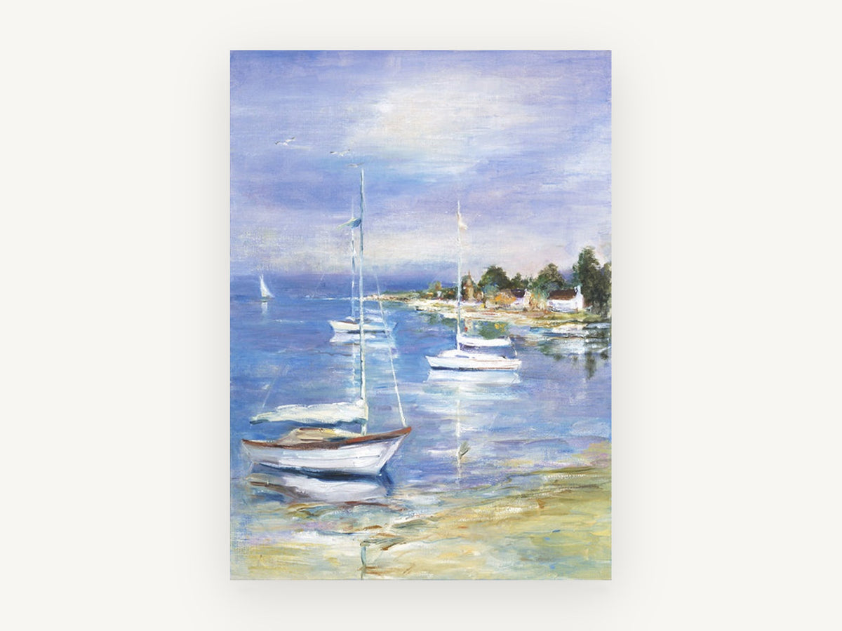 Moored Sailboats Cove, coastal canvas wall art print, front view
