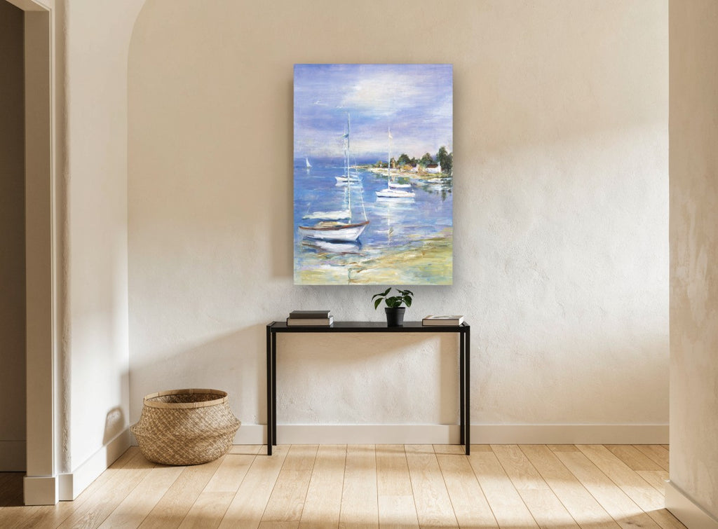 Moored Sailboats Cove coastal canvas print on the wall of a hallway