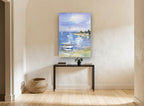 Moored Sailboats Cove coastal canvas print on the wall of a hallway